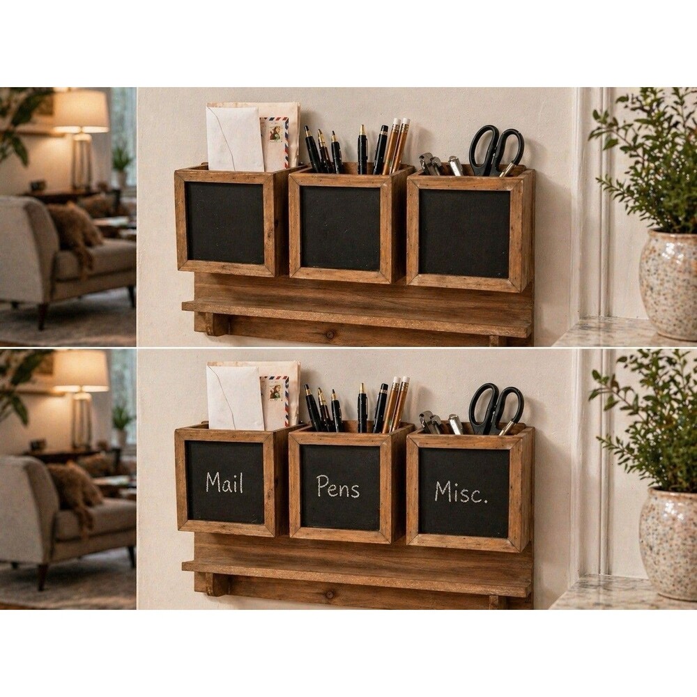 Rustic Wooden Wall Shelf Chalkboard Storage Boxes Farmhouse Organizer Display
